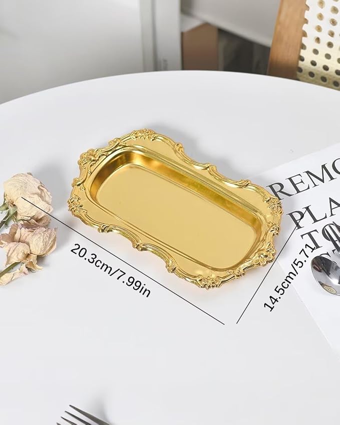 3PCS 8in Vintage Serving Trays Set Decorative Tray Metal Tableware Platters for Cookies Desserts Party Food Display (Gold)