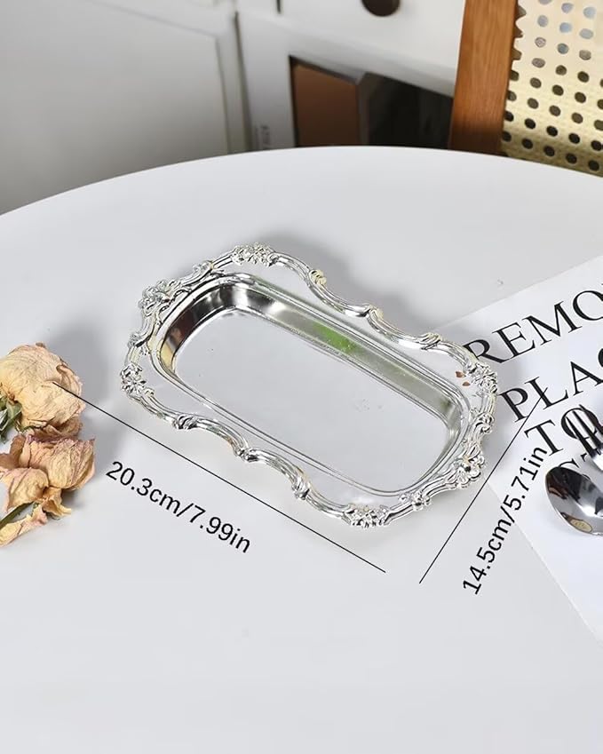 3PCS 8in Vintage Serving Trays Set Decorative Tray Metal Tableware Platters for Cookies Desserts Party Food Display (Silver)