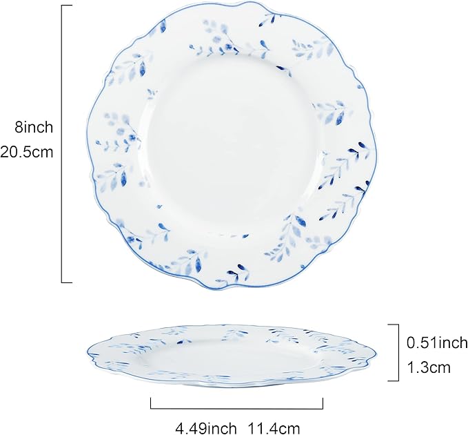 Fanquare Blue Leaves 8" Porcelain Dessert Plates Set - White Ceramic Small Dinner Plates
