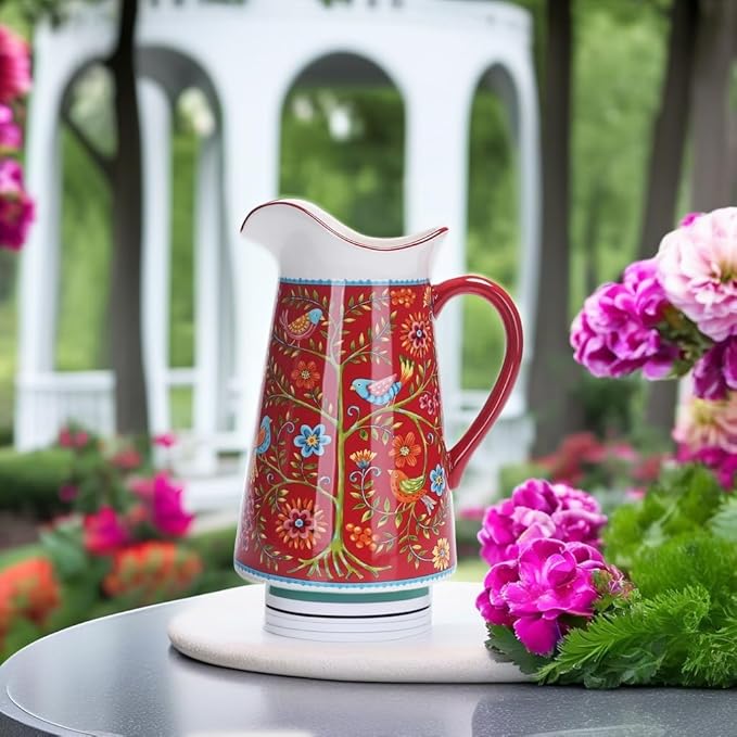 Bico Red Spring Bird Ceramic 2.5 Quarts Pitcher with Handle, Decorative Vase for Flower Arrangements, Dishwasher Safe
