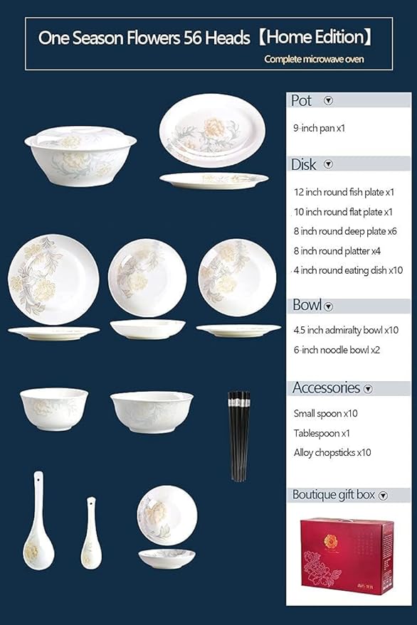 Dinnerware Sets - Luxury Gift Dishes Service Set, 35,56,60PCS Ceramic Dinnerware Set Bone China Tableware Dishes Plates Ceramic Combination Dinner Service Set Porcelaine Service for 10 (56 Pieces)
