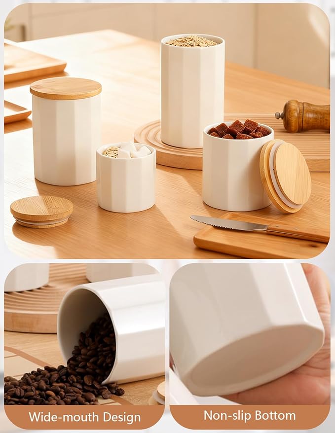 Ceramic Food Storage Containers with Lids, Kitchen Canisters for Countertop, White Food Canister Jar for Flour, Coffee, Bean, Sugar, Tea, Spices and More, Home Decor (Set of 4)