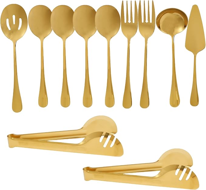 10Pcs Serving Utensils Set Stainless Steel Metal Serving Utensils Metal Serveware Serving Set with Serving Spoons Forks Tongs Slotted Spoon Ladle Pie Server for Buffet Parties (Gold)