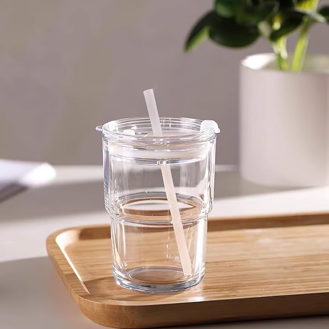 Luxfuel 13oz Tumbler Water Glass Cups with Straw and Lid, Reusable Iced Coffee Cups, Iced Tea, Sealed Carry-On Glass Tumbler for Travel, Home, Office, Party and Outdoor (Amber 2 Pack)