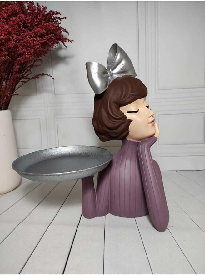Serving Tray Girl Figurine Rose & Silver Decorative Platter Polyester Accent piece, 13.4 x 10.6 Inch - Multicolor, One Size