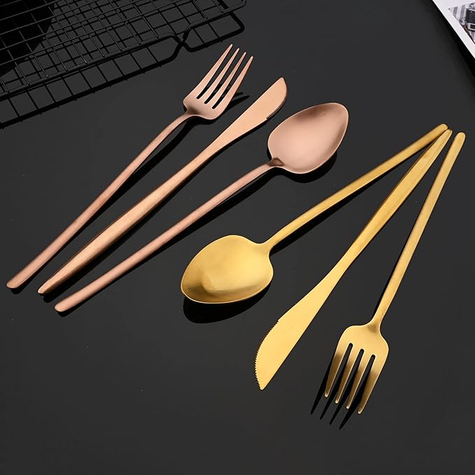 JASHII Modern Silverware Set - 20 Pieces Cutlery Set Matte Rose Gold - Brushed 304 Stainless Steel Flatware Set - Narrow and Long Handle - for Home Dinner and Restaurant