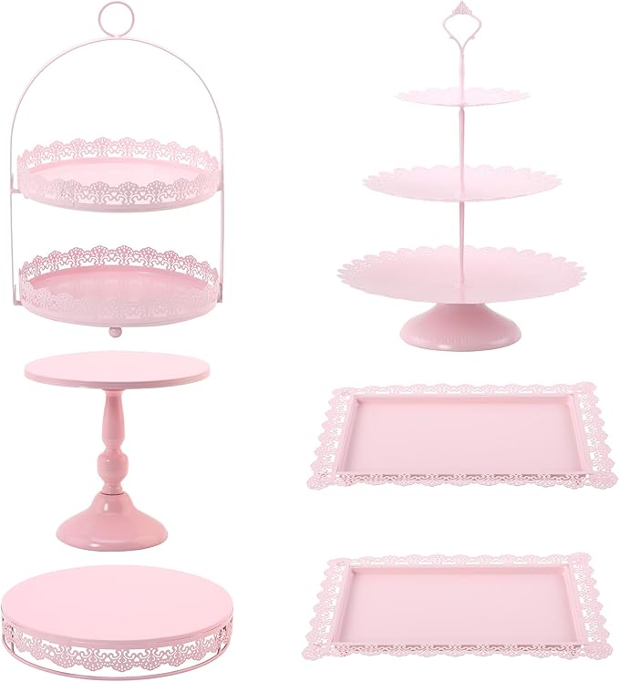 6 Pcs Pink Cake Stands Set, Cake Display Pedestal Tiered Cupcake Holder Dessert Plate Serving Tower Tray Decorative for Wedding Birthday Party Baby Shower Celebration