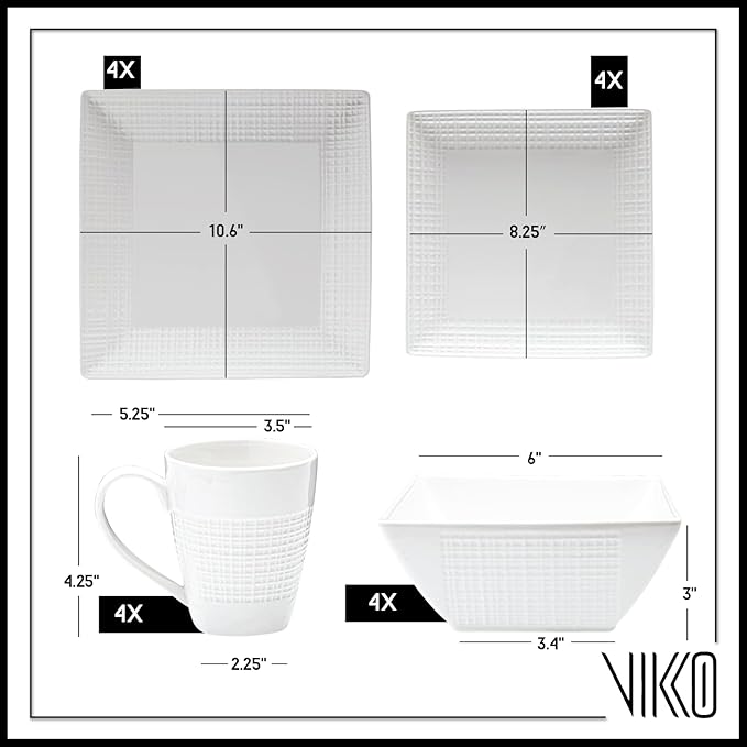 Vikko DinnerWare Sets,16 Piece Dinnerware Set, 4 Dinner Plates, 4 Dessert Plates, 4 Bowls, 4 Mugs, Fine Mesh Design, Service for 4 Ceramic Dinnerware Sets, Ivory