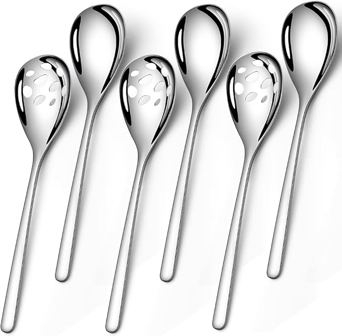 6-Piece Slotted & Solid Serving Spoons Set, 9.4 Inch Stainless Steel Perforated Serving Spoons for Vegetables, Salad, Pasta, 3 Tablespoons, 3 Slotted Spoons