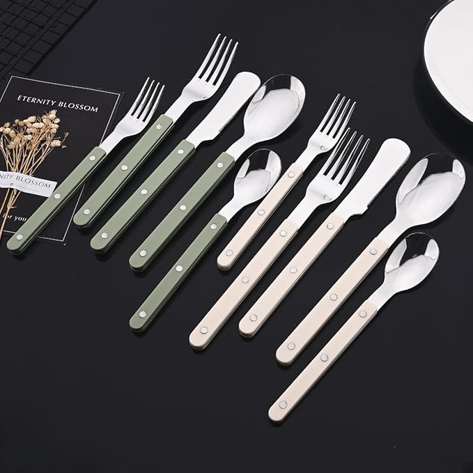 JASHII Silverware Flatware Set 20 Pieces Stainless Steel With Rivet Retro Cutlery Set Knife Fork Spoon Set Service for 4 for Home Restaurant Wedding - Green Handle