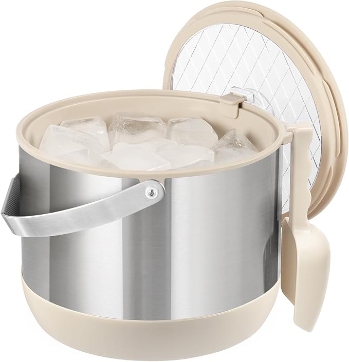 5QT/4.8L Insulated Ice Bucket for Parties, Large Capacity Double-Wall Beverage Bucket with Scoop & Lid for Champagne, Wine, Cocktail (White)