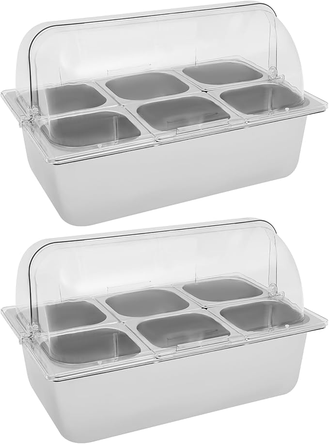 Food Serving Display Container, 2Pcs Countertop Salad Bar with Clear Roll Top Cover, 6-Pan Stainless Steel Food Serving Tray Buffet Condiment Dispenser (12* Spoons+12* Clamps)