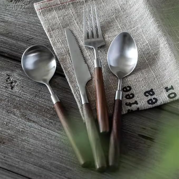 Walnut Wooden Silverware Set Flatware Set for 10 Exquisite Ergonomic Wood Handle Utensil Sets 18 10 Stainless Steel Cutlery Sets Include Fork Knife Spoon Matte Tableware,Dishwasher Safe