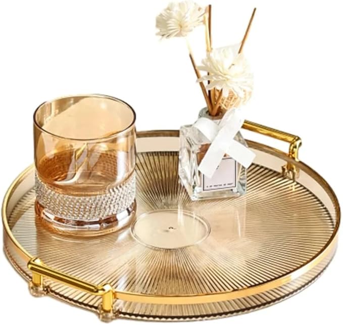 Decorative Round Serving Tray with Gold Handles, Plastic Green Tray, Textured Design, Home Decor Accent (Gold)