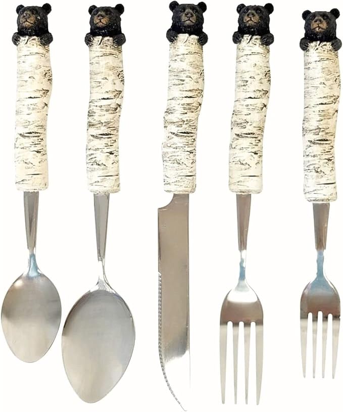 Whimsical Bear Cubs Resin Birch Tree Decorative Flatware 5pc Set