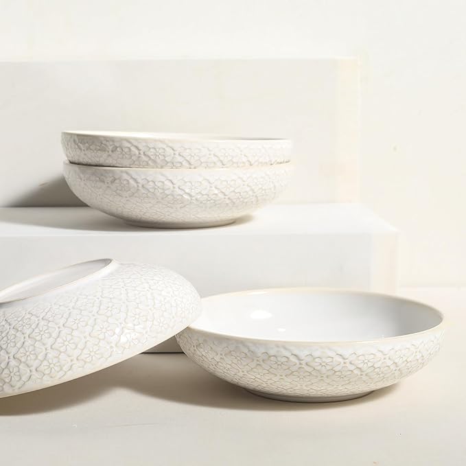 8 inch Pasta Bowls Set of 4, 22 Oz Ceramic Serving Bowls, Large Porcelain Embossed Soup Bowl, Serving Dishes for Pasta, Salad, Fruit, Oven & Dishwasher Safe, Housewarming Wedding Present