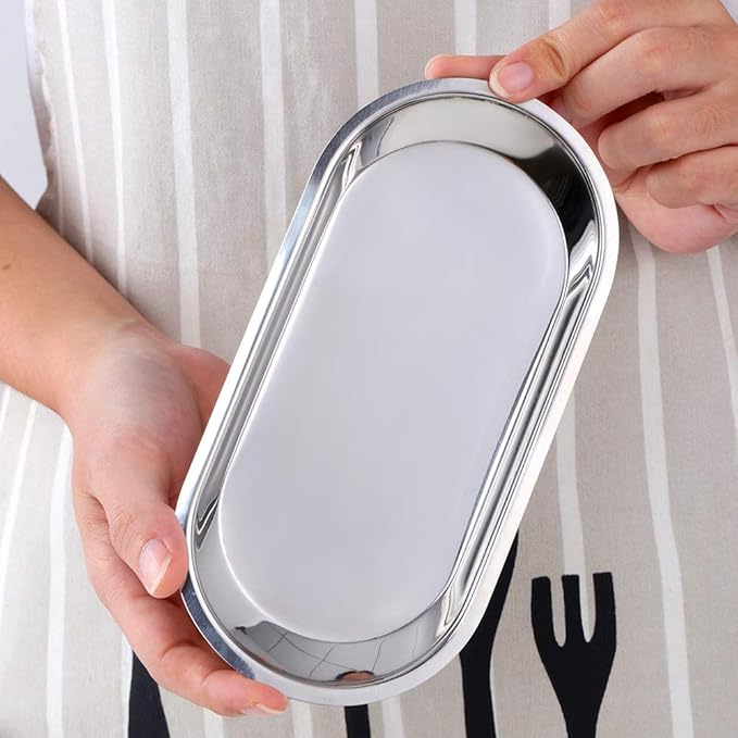 Buyer star Silver 2PCS 7.3inch Stainless Steel Oval Tray Fruit Trays Storage Tray Dish Plate Cosmetics Jewelry Decorative Organizer