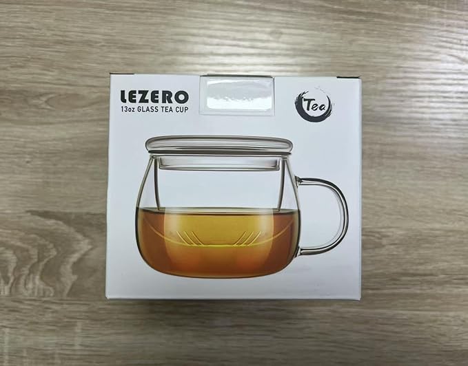 Lezero 13oz Tea Infuser Cups Kits, Glass Mugs with Filter Basket and Lid for Loose leaf-Tea Brewing, Heat Resistant, Lead-free, Microwave & Dishwasher Safe