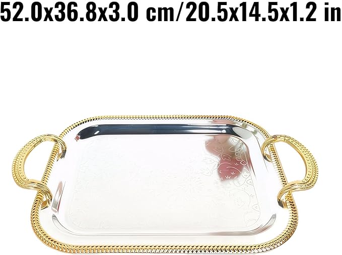 Rectangular Serving Tray Silver with Handles for Parties, Large Metal Tray for Serving Food and Drinks, European Style Tray