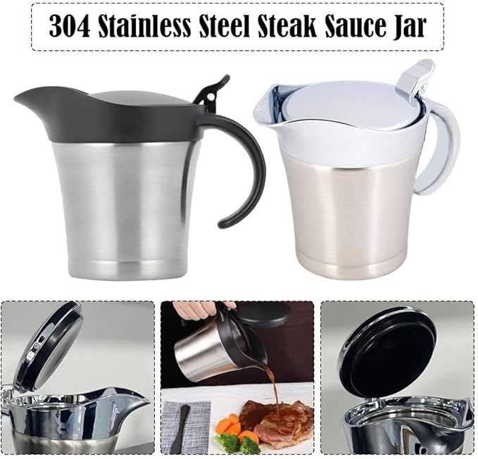 Stainless Steel Gravy Boat with Lid – 450ml Double Wall Insulated Sauce Jug for Gravy, Cream & Custard, Drip-Free Pour Spout for Thanksgiving, Home or Restaurant Use (Silvery)