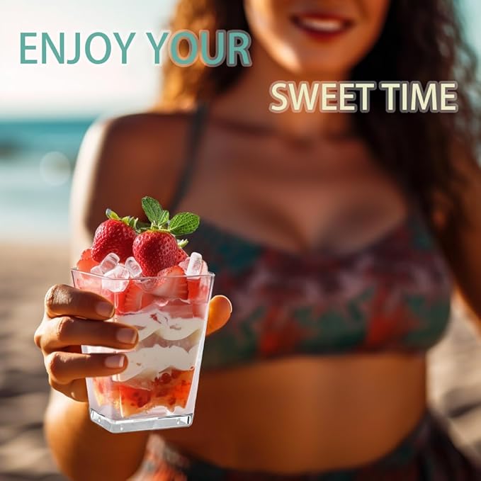 30 Pack 5 oz Square Dessert Cups with Spoons, Clear Plastic Parfait Cups for Party, Mini Serving Shooter Appetizer Cups, Dessert Shot Glasses for Tasting Samples Fruit Ice Cream