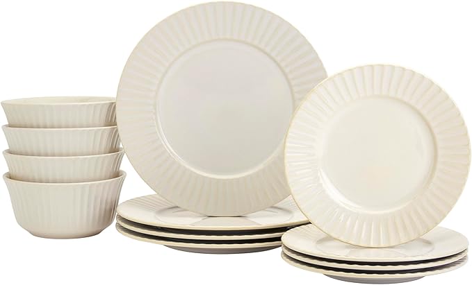 Tabletops Gallery Richmond 12-Piece Reactive Glaze Stoneware Dinnerware Set of Kitchen Dishes, Dinner Plates, Cereal Bowls, Service for 4, White