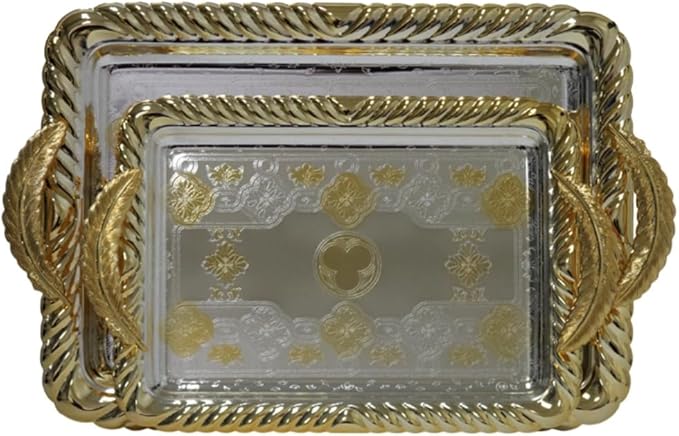 Middle Eastern Iranian Persian Turkish Serving Tea Fruit Nuts Tray 2-Piece Set 15"+12" Rectangle Silver Gold Plated Stainless Steel