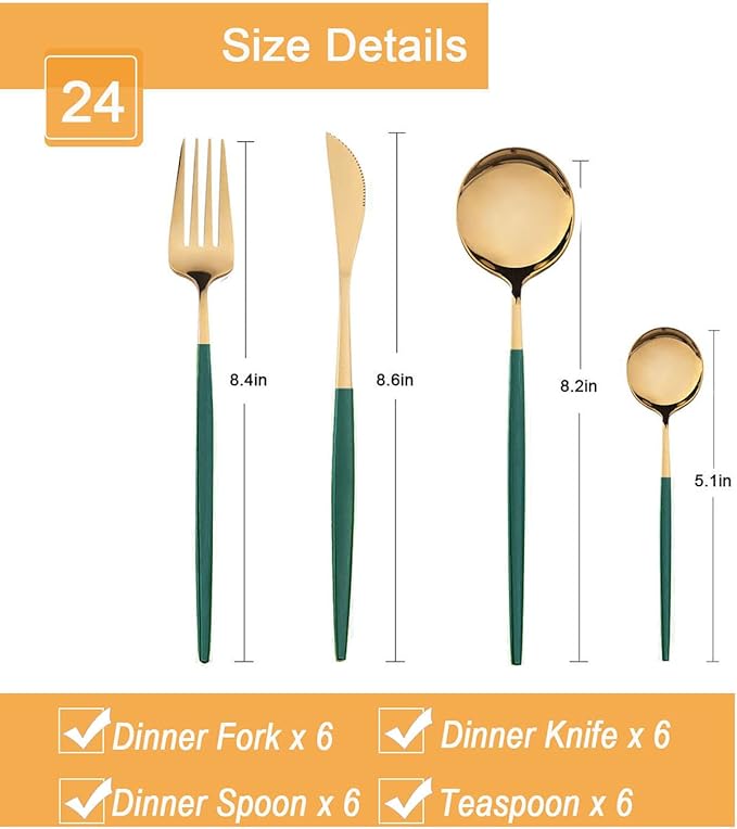 24-Piece Green Gold Korean Silverware Sets Mirror Polished Stainless Steel Modern Flatware Cutlery Set Service for 6 Including Forks Spoons Knives Kitchen(Dark Green Gold)