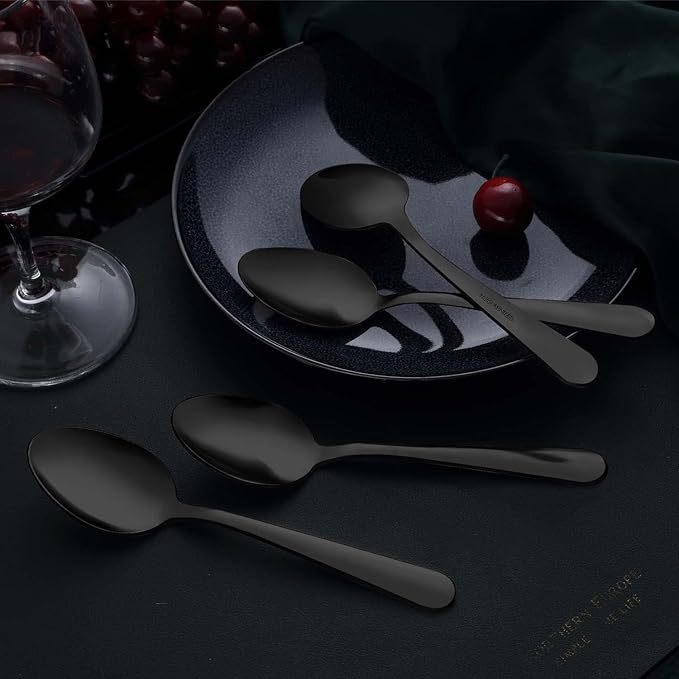 Unokit Dinner Spoons Set 24 Pieces (7.4 inch) - Stainless Steel silverware, Tablespoon, Silverware Spoons Only for Home, Kitchen or Restaurant - Mirror Polished, Dishwasher Safe, Black