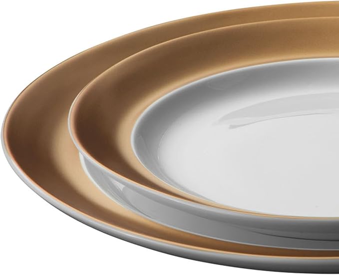 BergHOFF GEM Porcelain Set of 6pc Dinnerware Deep Plate Large & Small Plate Coffee Mug Tea Cup Saucer White & Gold Daily Serving Elegant Glossy Finish Dishwasher Safe