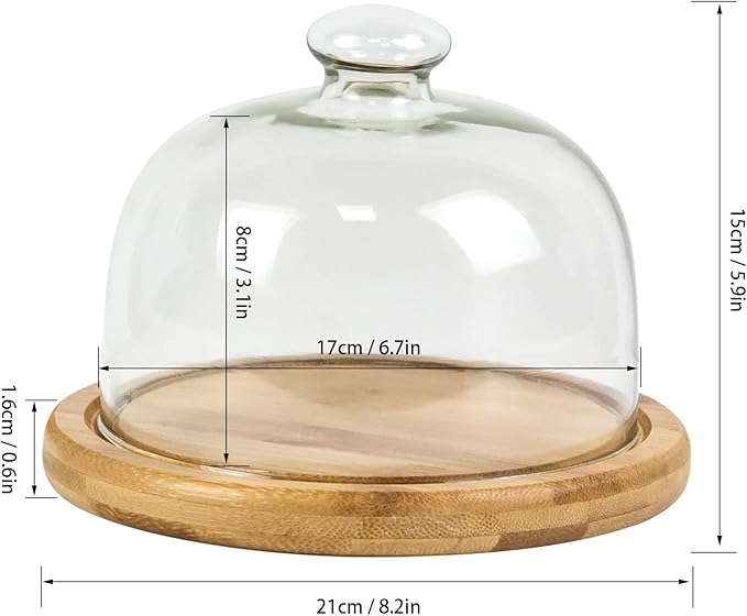 7.1''Glass Dessert Dome with Base, Mini Decorative Cake Tray with Glass Dome Cover, Cake Fruit Display Server Tray for Kitchen, Birthday, Wedding, Appetizer Dessert and Cheese Serving Platter