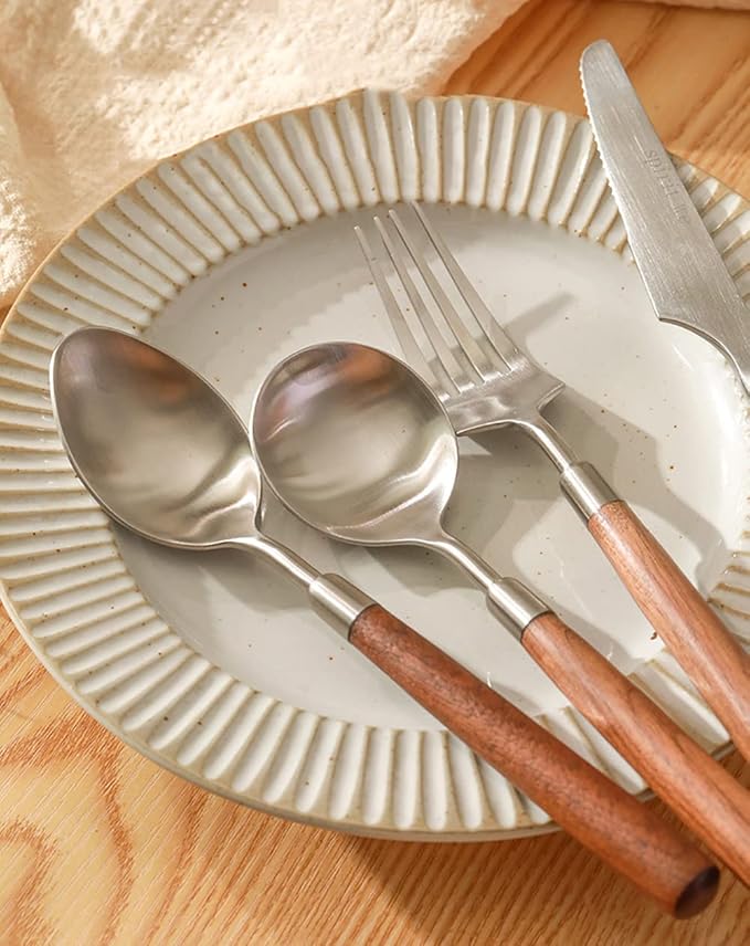 Wood Silverware Set for 6 Wooden Flatware Cutlery Utensils Set 18/10 Stainless Steel Walnut Handle 24 Piece Include Knives Forks and Spoons Tableware Set for Home Kitchen Wedding Restaurant