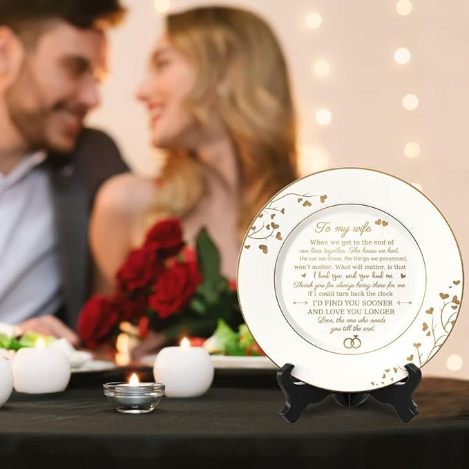 Gifts for Wife - To My Wife Plate with 24k Gold Foil, Happy Birthday Anniversary Wedding Gift for Her from Husband, Ceramic 9"