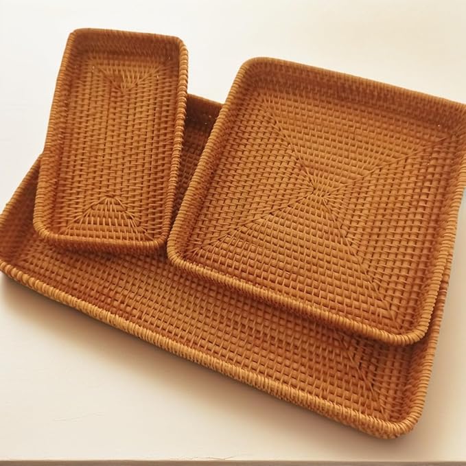 Rattan Tray Rectangle, Rattan Basket Set of 5, Wicker Decorative Serving Tray Fruit Baskets Food Serving Holders Woven Baskets for Storage Home Kitchen Restaurant Decor