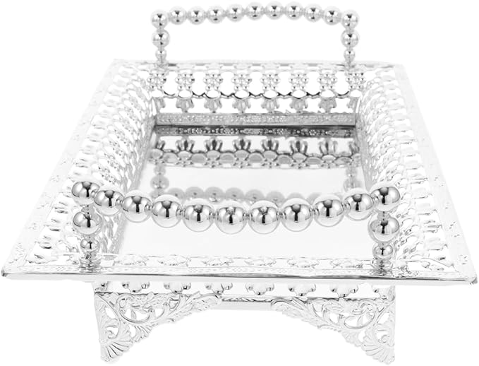 Metal Iron Fruit Serving Tray with Glass Stand, Rectangle Glitter Party Tray Dry Nut Dish with 2 Handle Veggie Candy Bowl for Table Dessert Snack Silver, 10.6X7X2.4in