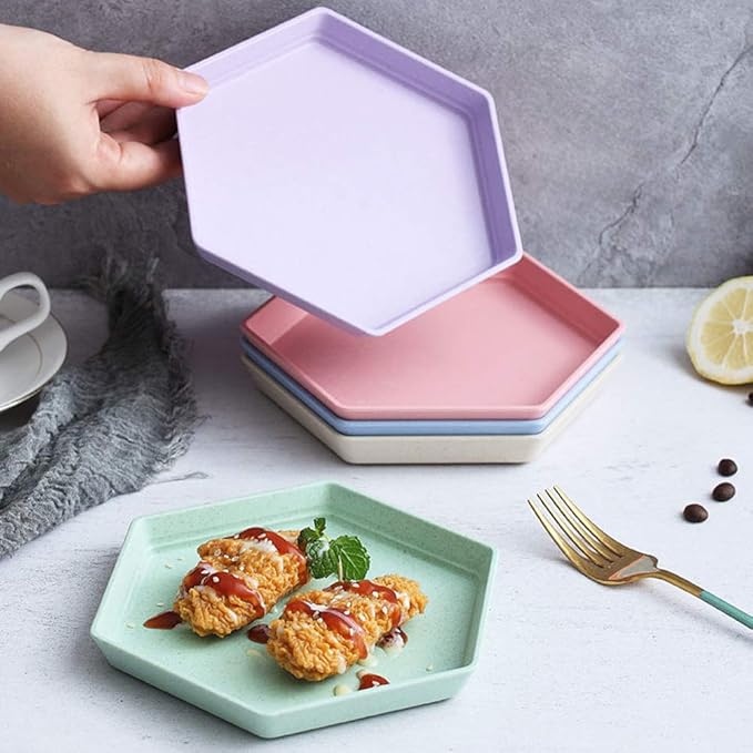 5 Pack Premium Dessert plate, 6.7 x 5.9 Reusable Appetizer Plates, Unbreakable Small Dessert Saucer, Colorful Snack Tableware Set for Fruit, Candy, Side Dishes (Hexagon) (15cm 5Purple)