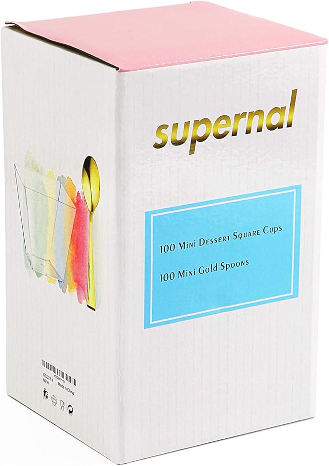 supernal 100pcs Square Plastic Dessert Cups (4oz) with 100pcs Mini Gold Spoons, Plastic Parfait Appetizer Cup, Medium Clear Dessert Cups Perfect for Cakes, Ice Cream, Desserts Appetizers