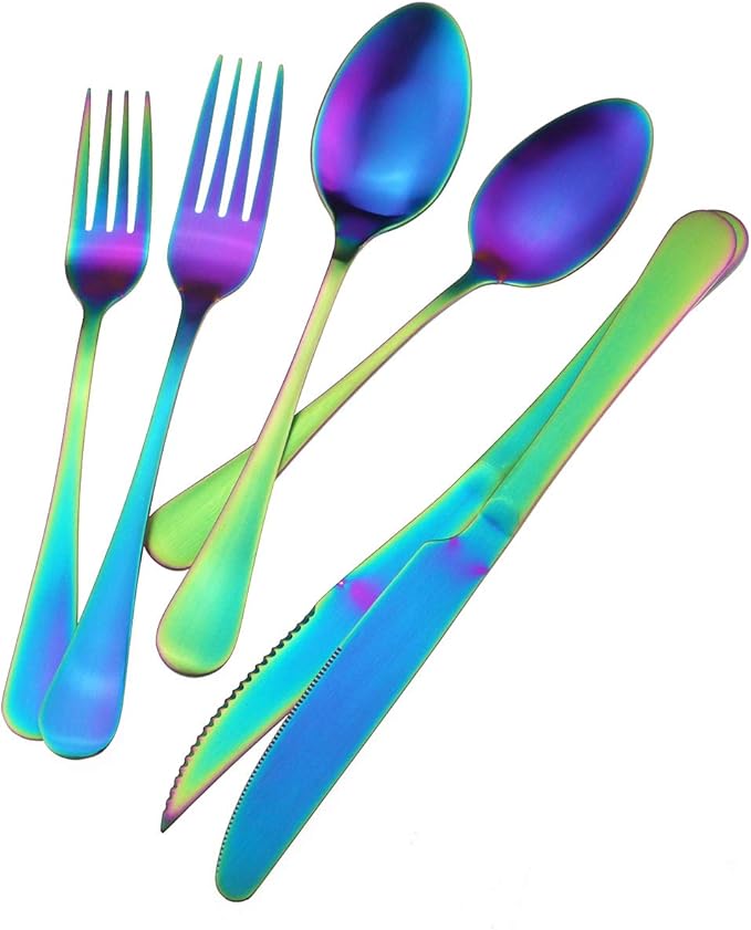 Gugrida 24-Piece Titanium Rainbow Plated Stainless Steel Flatware Set, Travel Cutlery Include Knife Fork Spoon Service for 4,Healthy & Eco-Friendly Silverware - Matte Elegant Modern Eating Utensils