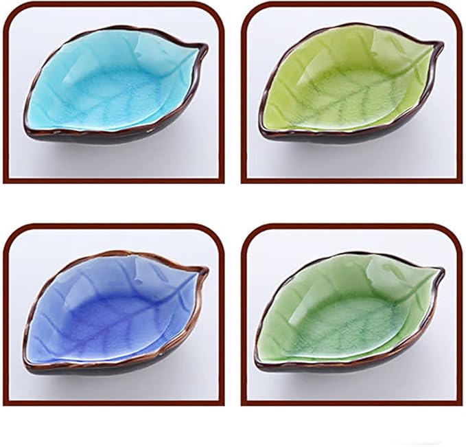 4Pcs Creative Leaf Shape Dipping Bowls Ceramic Dipping Soy Sauce Bowl Dishes Small Fruits Dessert Appetizer Bowl Plates Serving Bowls Dinnerware for Tomato Sauce Condiments BBQ Home Party, 4 Colors