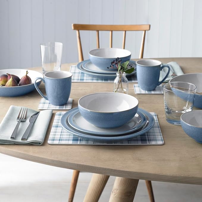 Denby - Elements 8 Piece Dinner Set For 2 - Blue Glaze, Dishwasher, Microwave Safe, Oven Proof Plate & Bowl Set - 4 x Lunch Plates, Dinner Plates, Cereal Bowls & Coffee Mugs - Chip Resistant Tableware