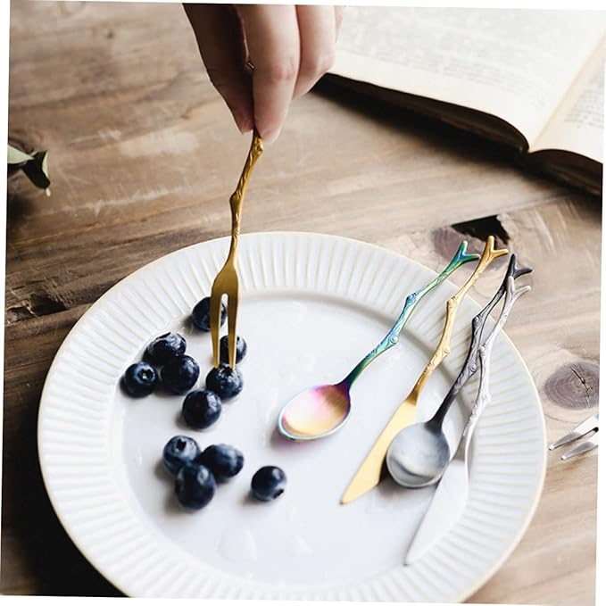 3-Piece Vintage Tree Branch Design Stainless Steel Cutlery Set Fork and Spoon Kit for Home and Restaurant Use for Serving Fruit Elegant Tableware