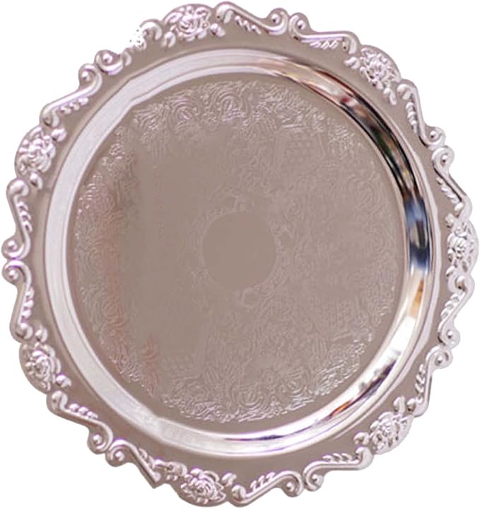 Round Fruit Plate, Metal Food Serving Tray Vintage Round Fruits Serving Platter Plates, Fruit Tray Dessert Cake Decorative Disk for Cakes, Desserts, and Baked Goods Wedding Holiday Party(Silver)