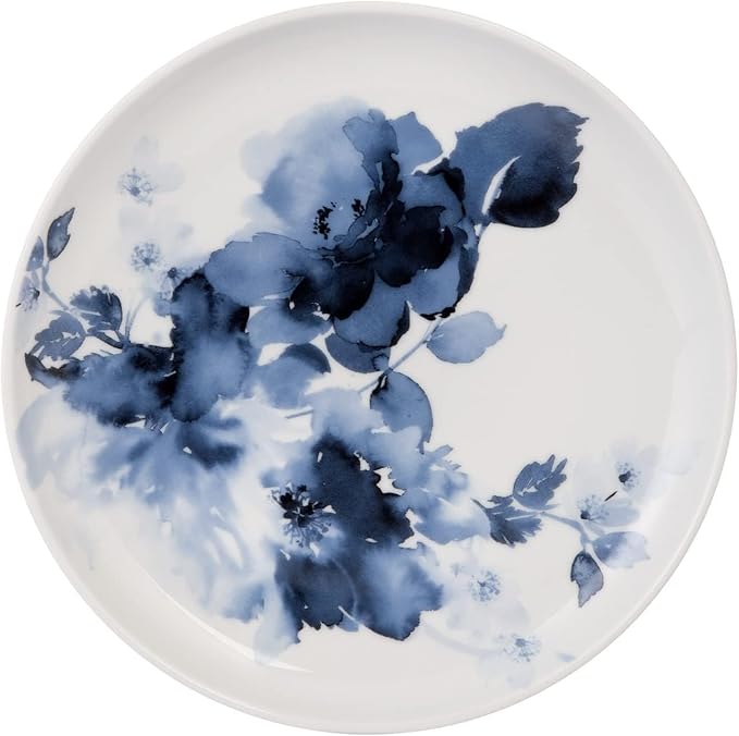 Maklaine Contemporary Porcelain Dinnerware Set, 16-Piece Midnight Roses Design, White and Blue Finish, Includes Plates, Bowls, Mugs, Durable Chip-Resistant, Microwave/Dishwasher Safe, Casual or