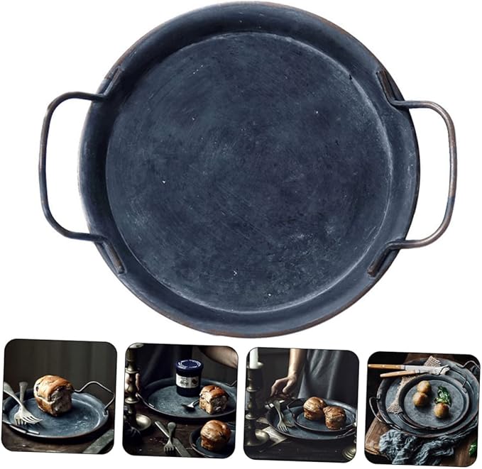 Alipis 1pc Retro Food Serving Tray Handle Silver Decorative Storage Platter for Home and Restaurant Multi-purpose Iron Tray for Snacks Desserts and Fruits
