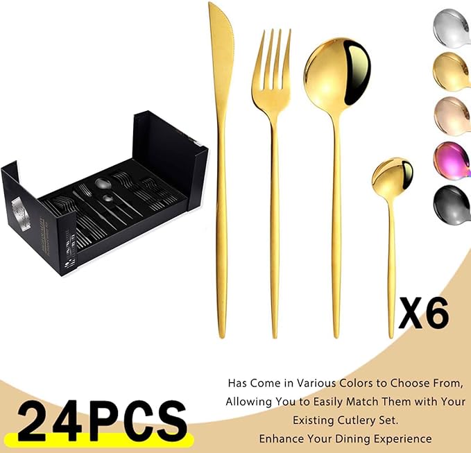 Slim Handle Flatware Serving Set for 6, 24 PCS Matte Cutlery Set with Knife Fork Spoon, Dishwasher Safe/Mirror Polished for Home, Kitchen, Restaurant(Rose Gold,C)