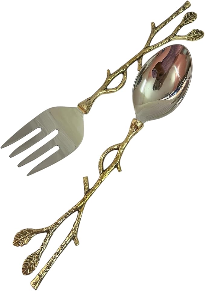 Gold Salad Serving Spoon and Fork Set β Stainless Steel with Decorative Leaf Handle β Elegant 2-Piece Flatware Set for Salad, Pasta, Fruits (11.7 inch)