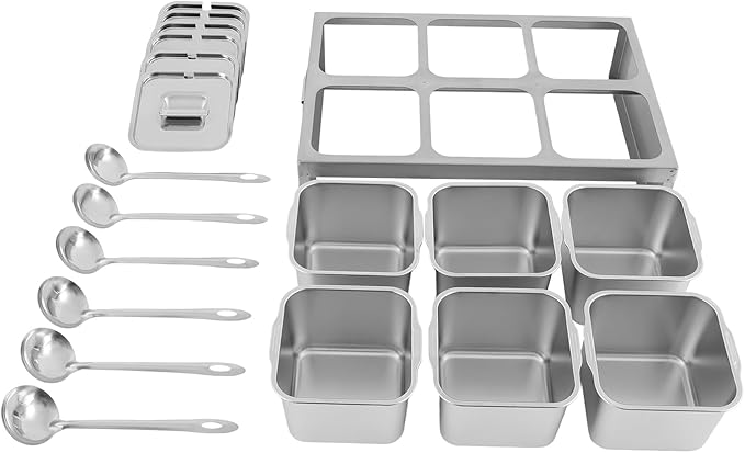 6 Pans Ice Food Serving Display Container, Stainless Steel Serving Tray Catering Supplies Buffet Display Condiment Dispenser Plate Case with Acrylic Replaceable Lids for Restaurant Hotel Kitchen