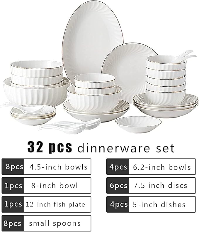 32-Piece White Dinnerware Sets, Modern European Dinner Plate and Bowl Set, Table Service for 6-8, High-end Tableware Set