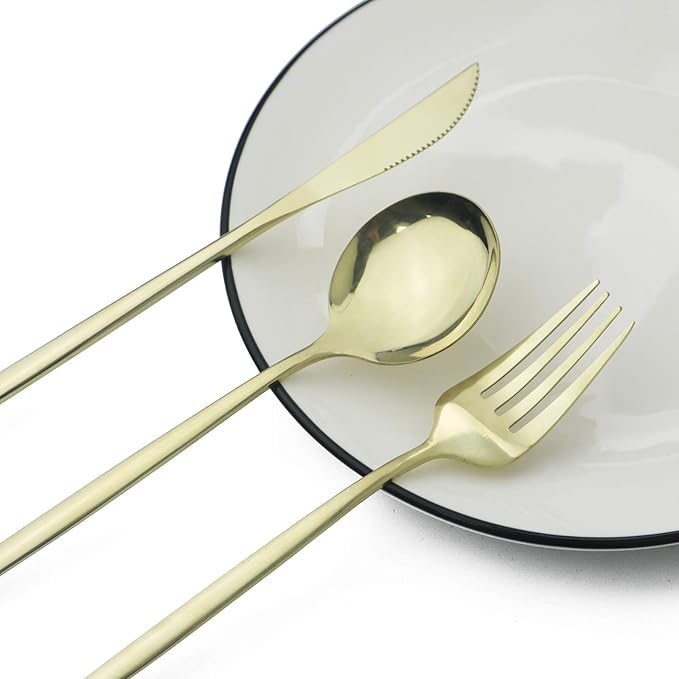 JASHII 24-Piece Flatware Set - Titanium Stainless Steel, Silverware Set for 6, Shiny Champagne Gold