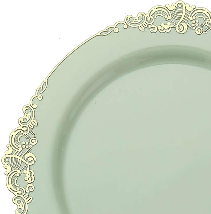 8" Salad Plates -Set of 20 - Plastic Sage Green Round Baroque Disposable Chargers Leaf Embossed Rim, Ideal for Dinner Party Wedding Bulk Events